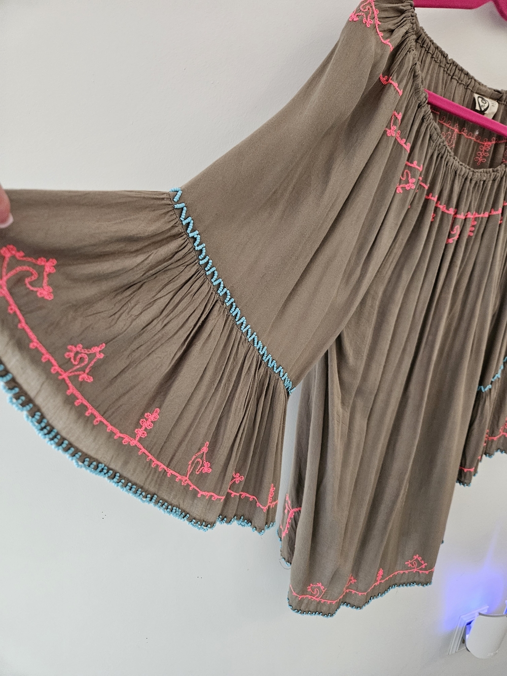 Boho Embroidered Taupe Peasant Top with Pink & Blue Trim and Beading - Picture 3 of 7